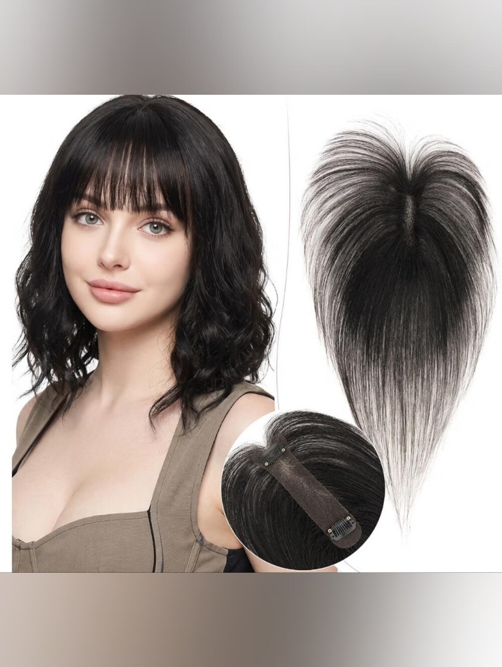 Human Hair Topper & Wispy Bangs for Thinning Hair 1.18"x5.12" 10" Natural Black